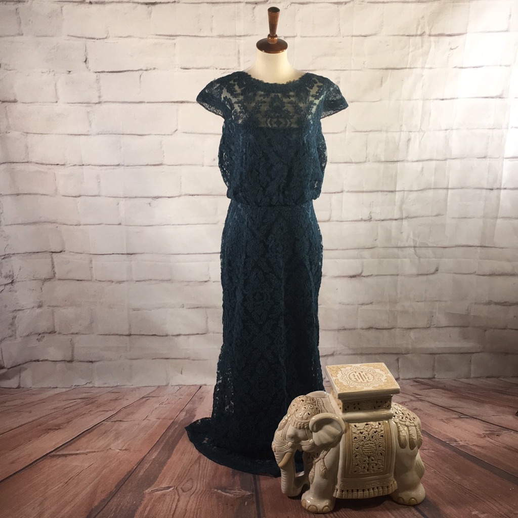 Tadashi Shoji Cap Sleeve Embroidered Lace Gown In Teal